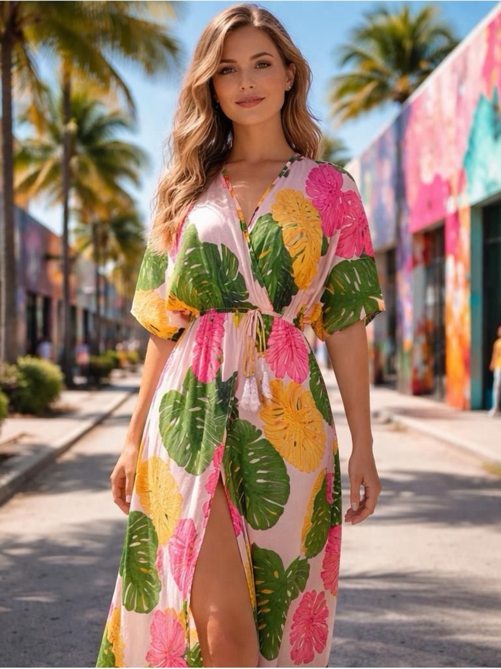 Cooper & Ella Women’s Tropical Print Dress Pink, Orange & Green Leaves Size XS
